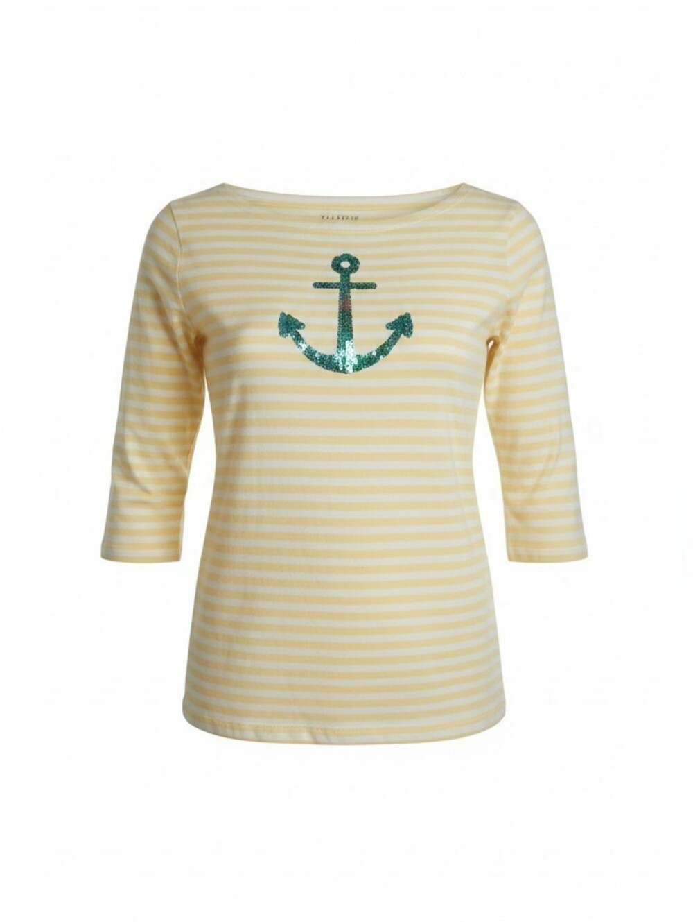 Talbots Women M Sequin Anchor Top Yellow White Striped 3/4 Sleeve Nautical